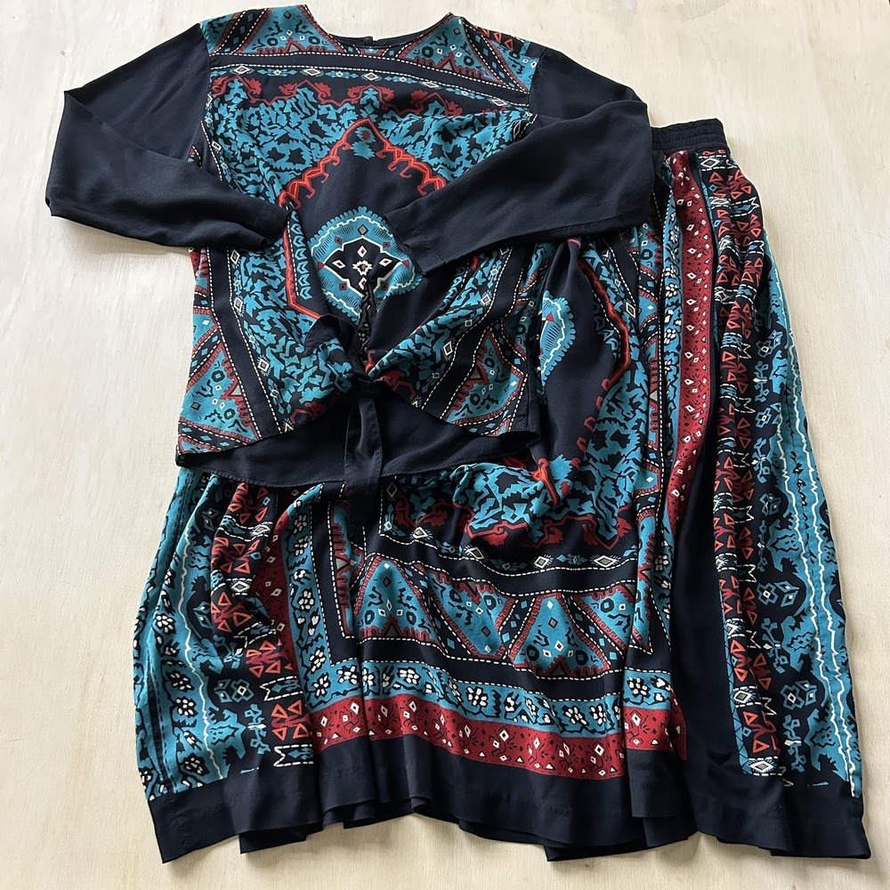 Vintage Carole Little Shirt Skirt Set Womens 12 Multicolor Geometric Long Sleeve